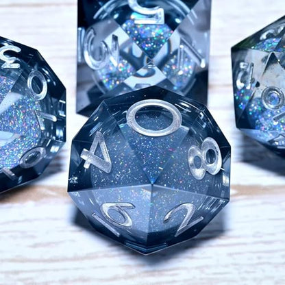 Resin Dice Set,Dragon and Dungeon Polyhedral Metal Dice, Punk Style Role-Play RPG Explorer MTG Pioneer Game DND Dice Set - color: Black Sand-white Text
