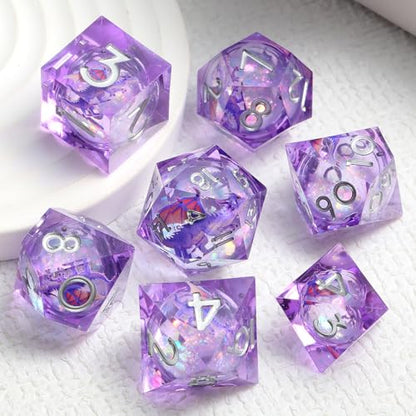 DNDND Purple Dragon Dice with Silver Numbers | Liquid Core 7-Piece Sharp Edge D&D Dice Set | Dragon Themed Collectible Metal Case | RPG Tabletop Gaming Gift - color: Liquid Dragon Purple