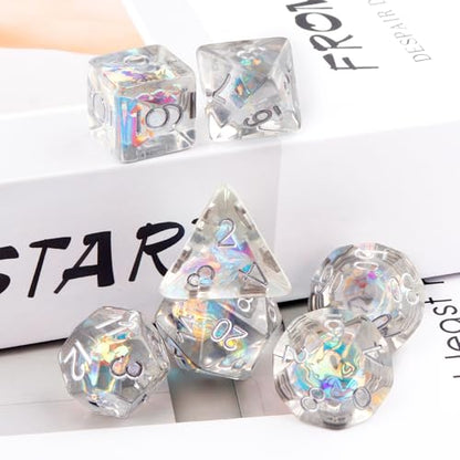 Haxtec DND Dice Set, 7 Pcs Iridescent Resin Polyhedral RPG Dice | Black Clear Role Playing Games Dice with Velvet Pouch, Compatible with Dungeons and Dragons, Gifts for D&D Lovers - color: Black White