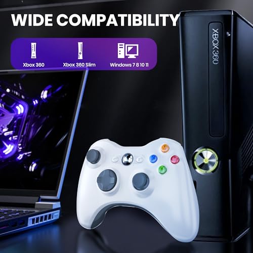 KIWITATA Wireless USB Controller for Xbox 360 & Slim/PC - 2.4GHz Enhanced Upgraded Remote Joystick Gamepad Controller Compatible with Windows 7/8/10/11 White