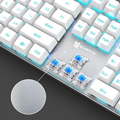Merdia Hot Swappable 104 Keys Full Size Mechanical PC Gaming Keyboard | Blue Switch White Mechanical Wired Computer Keyboards | LED Backlit 104 Keys US Layout Light Up Wired Gaming Keyboard - color: Blue Switch White