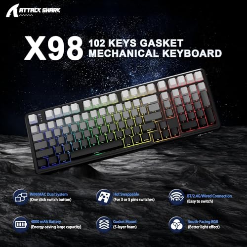 ATTACK SHARK X98 Wireless Mechanical Keyboard,RGB Backlit,Tri-Mode BT5.0/2.4GHz/USB-C Hot-Swappable,PBT Keycaps,Pre-lubed Linear Switches Computer Gaming Keyboard for PC/Tablet/PS5/Xbox - color: Moonlight