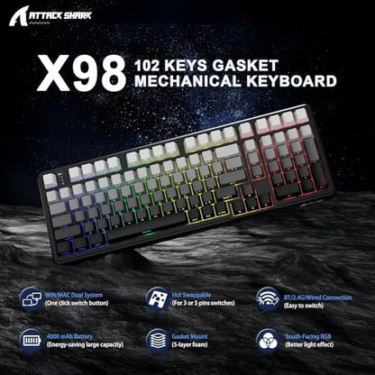 ATTACK SHARK X98 Wireless Mechanical Keyboard,RGB Backlit,Tri-Mode BT5.0/2.4GHz/USB-C Hot-Swappable,PBT Keycaps,Pre-lubed Linear Switches Computer Gaming Keyboard for PC/Tablet/PS5/Xbox - color: Moonlight