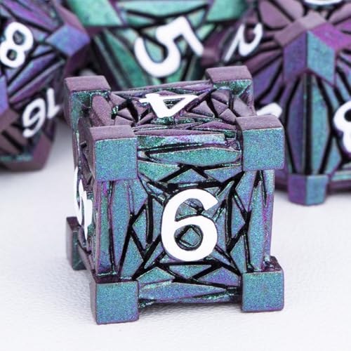7PCS Metal DND Dice Set with Box, Debris RPG Green Purple D and D Dice for use with D&D Tabletop Games Role Playing Game Polyhedral Dice Set D20 D12 D10 D8 D6 D4 - color: Purple Green&white