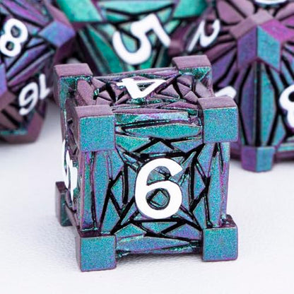 7PCS Metal DND Dice Set with Box, Debris RPG Green Purple D and D Dice for use with D&D Tabletop Games Role Playing Game Polyhedral Dice Set D20 D12 D10 D8 D6 D4 - color: Purple Green&white