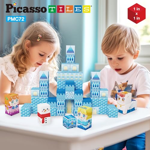 PicassoTiles Magnet Cube Winter Ice Themed Mix and Match Building Block Castle Construction Toy with 7 Magnetic Cubed Character Action Figures STEM Learning Education Sensory Pretend Play Age 3+ PMC72 - color: Winter Ice Themed