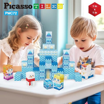 PicassoTiles Magnet Cube Winter Ice Themed Mix and Match Building Block Castle Construction Toy with 7 Magnetic Cubed Character Action Figures STEM Learning Education Sensory Pretend Play Age 3+ PMC72 - color: Winter Ice Themed