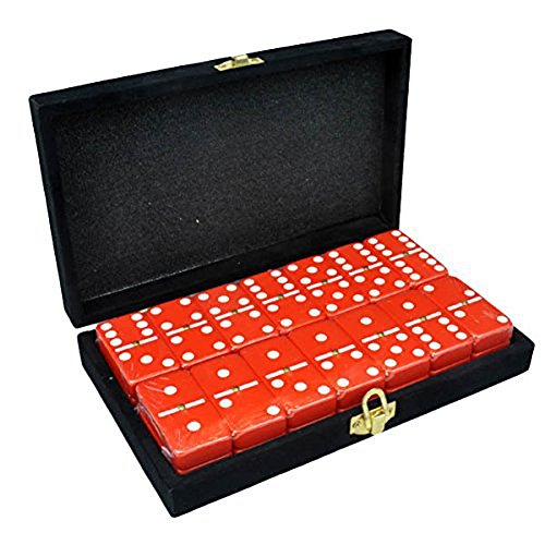 Marion Domino Double 6 Red Jumbo Tournament Professional Size with Spinners in Elegant Black Velvet Case. - color: Red