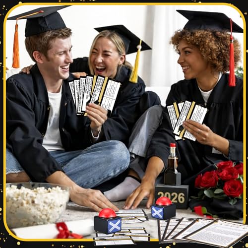 Shappy 25 Pcs Graduation Friendly Feud Game with 2 Answer Buzzers, Graduation Trivia Game Feud Card Festival Guessing Holiday Activity for Class School Team Groups Party