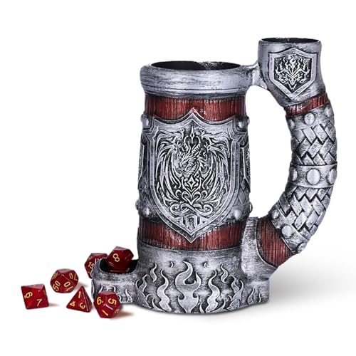 Dice Tower Mug DND Dice Rolling Tower with 7 PCS Dice Set | Dice Tower Suitable for Dungeons And Dragons, Tabletop Games, Available As Drink Holder, RPG Gifts. - color: Burgundy Silver Dragon