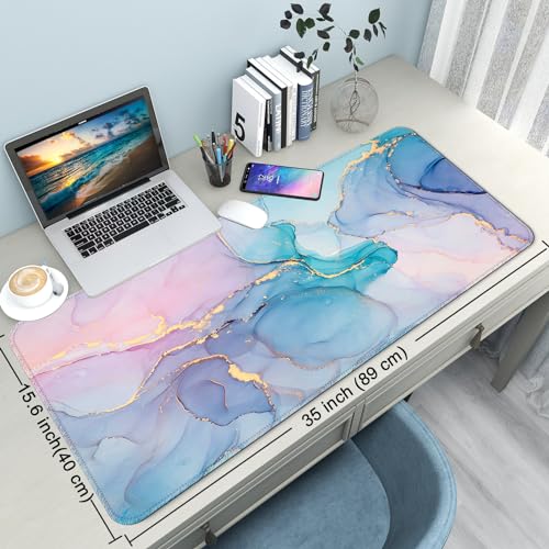 Desk Mat Pad,Large XXL Extended Mouse Pad Mat for Desktop Keyboard | 35''×15.6'' XXL Extended Gaming Mouse Pad with Non-slip Base Desk Matt Mousepad for Computer,Office,Keyboard and Laptop - color: F3- Blue Marble