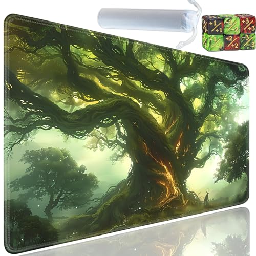 Playmat for MTG, 24x14 Inches Playmats, for TCG and CCG Trading Card Game Mat, Non-Slip Rubber for MTG Playmats with A Storage Bag and 6 Dice Set, Magic Tree of Life Pattern - color: Yu-Playmat-1-E122