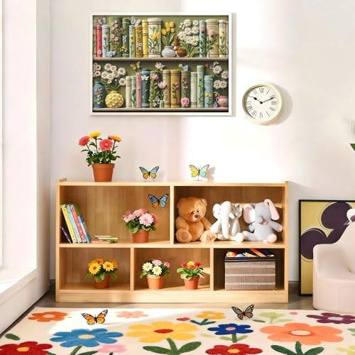Spring Floral Bookshelf Puzzles for Adults 1000 Pieces, Challenging Bunny Garden Library with Flower and Butterfly, Vintage Botanical Book Spine Aesthetic Art Jigsaw Puzzle