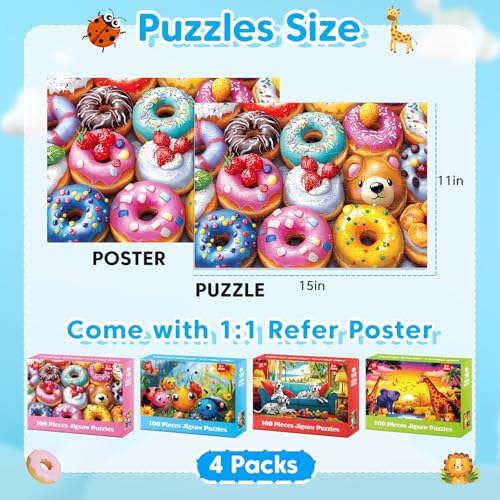 4 Packs 100 Piece Puzzles for Kids Ages 4-6 6-8 8-10, Cute Donuts & Insects & Dalmatians & Animals Educational Jigsaw Puzzles, Birthday Xmas Gifts for Boys Girls Teens Adults Kids Puzzles 4-6 5-8 - style: Donuts Insects Dalmatians Animals