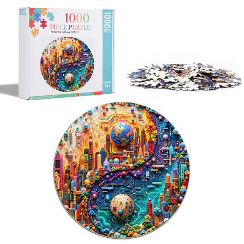 Cyberpunk Puzzles for Adults 1000 Pieces, Neon Sci-Fi Future Art, Aesthetic Nature Balance Game, Difficult Circular Puzzles with Letters on Back, 26.5 x 26.5in - color: Cyberpunk 1