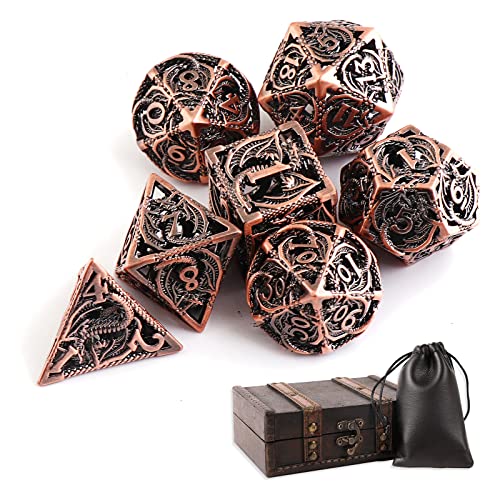 Hollow Metal DND Dice 7Pcs Set for Dungeons and Dragons RPG MTG | D&D Pathfinder Shadowrun and Math Teaching,Large D4,D6,D8,D10,D12,D20 freaky multi sided Dice Set D and D Dice with Gift Box - color: Red Copper