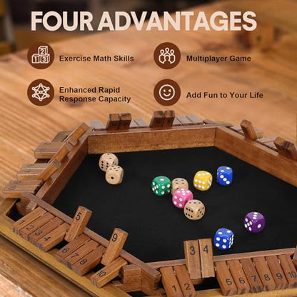ELONGDI Upgraded 1-6 Player Shut The Box Dice Game with 12 Dice+Bonus Wooden 12 Dice, Classic Wooden Board Table Math Game for Adults,Kids/Tabletop Board Games for Classroom,Home,Party or Pub