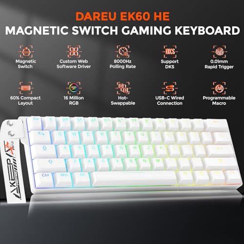 DAREU EK60 HE Rapid Trigger Gaming Keyboard Wired, 0.01mm RT Accuracy Adjustable, Hall Effect Magnetic Switch Hot Swappable, SOCD, 8000Hz Polling, RGB Backlit, 60% Compact Design for Laptop/PC - color: White