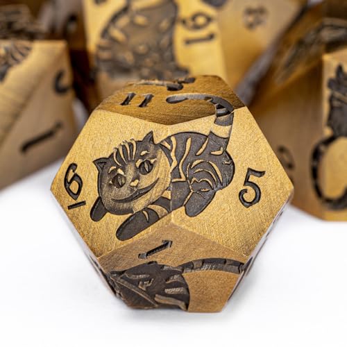 Metal DND Cat Dice Polyhedral RPG Dice Set with Gift Case for Dungeons Dragons Role Playing Game, 7PCS D and D Dice D6 D8 D10 D12 D20 D% (Antique Gold) - color: Cat-gold