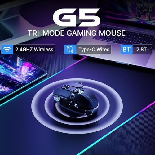 EWEADN G5 Tri-Mode Wireless Gaming Mouse, 12800 DPI Programmable Ergonomic Mouse with Metal Base for Stability, 500mAh Rechargeable, 8 Macro Buttons, Rapid Fire Key, RGB Backlit for FPS PC Mac - Black - color: Black