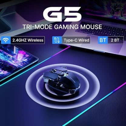 EWEADN G5 Tri-Mode Wireless Gaming Mouse, 12800 DPI Programmable Ergonomic Mouse with Metal Base for Stability, 500mAh Rechargeable, 8 Macro Buttons, Rapid Fire Key, RGB Backlit for FPS PC Mac - Black - color: Black