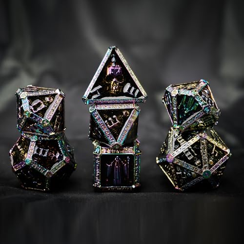 Metal DND Dice Set for D&D Dungeons and Dragons RPG Game Skull Wizard Theme Polyhedral Dice with Metal Gift Box for Dice Goblin Collectable Unique Skeleton Halloween Accessories (Iridescent) - color: Iridescent