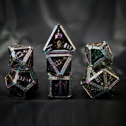 Metal DND Dice Set for D&D Dungeons and Dragons RPG Game Skull Wizard Theme Polyhedral Dice with Metal Gift Box for Dice Goblin Collectable Unique Skeleton Halloween Accessories (Iridescent) - color: Iridescent