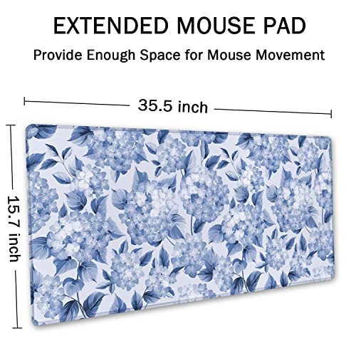 SSOIU Blue Hydrangea Flowers Desk Mat, Floral Large Aesthetic Mouse Pad 35.5" X 15.7", Waterproof Desk Mat Stitched Edges, Non-Slip Laptop Computer Keyboard Mousepad for Office and Home - color: Blue Hydrangea Flowers