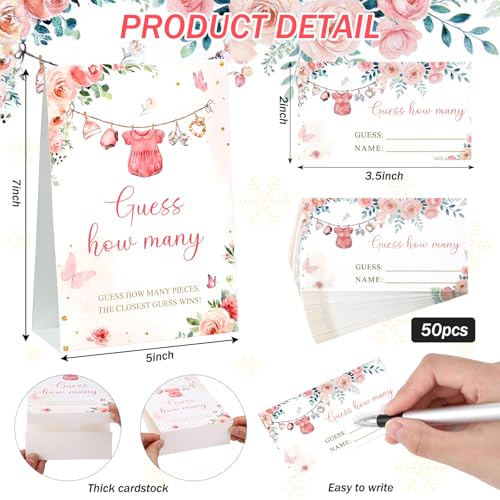 Floral Guess How Many Baby Shower Game Pack of 1 Tabletop Sign with Stand and 50 How Many Cards, Pink Clothes Gender Reveal Party Game Decoration - style: Floral