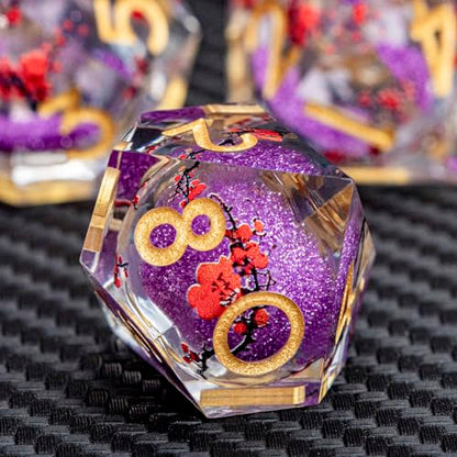 ARUOHHA DND Resin Dice Plum Blossom Liquid Core Purple Sharp Edged Polyhedral Dragons Dice Set with Gift Box, Dungeons D and D Dice Role Playing Game D20 D12 D10 D8 D6 D4 - color: Flower&golden Purple