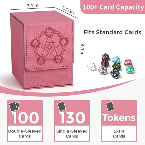 Card Deck Box with 2 Dividers, MTG Commander Deck Box Holds 100+ Double-Sleeved Cards, Leather Magnetic Deck Case Compatible with Magic TCG CCG Cards, Pink - color: 2. Pink, size: 100 Double-sleeved Cards Vertical