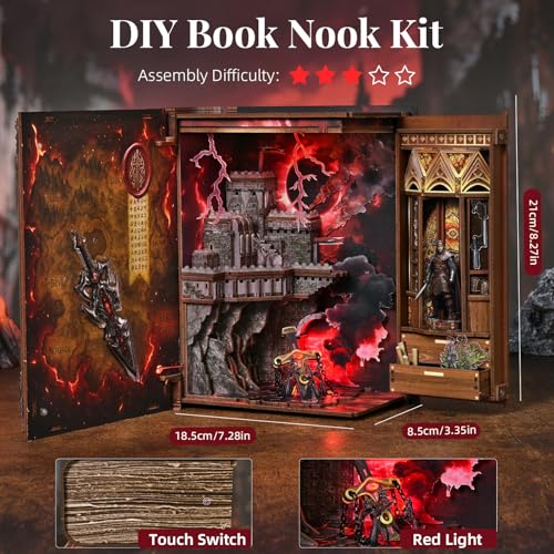 MiniCity Sword of Fire Book Nook Kit, 3D Wooden Bookshelf Puzzle with LED | 255-piece book-style DIY kit with LED and dust cover; glue/tools and guide included; 4-6 hr build for shelf decor, ages 14+. - style: The Sword of Fire