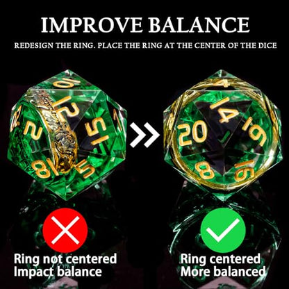 Magic Golden Ring DND Dice with Box, Green Sharp Edge Handmade D and D Polyhedral Dice for use with D&D Tabletop Games RPG, Lord Resin Dice D20 D12 D10 D8 D6 D4 - color: Ring - Green-1