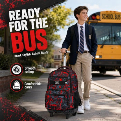 3Pcs Rolling Backpack for Boys Men, Travel Wheeled Backpacks for Adults, Teens College Roller Bookbag with Wheels for Men(Red) - color: Airbrush Red