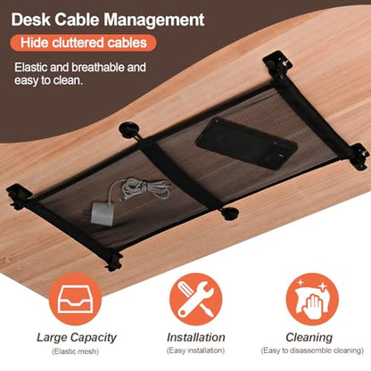 HX AURIZE Under Desk Cable Management Net – Flexible Wire Organizer with Side Rods & Center Hooks – Elastic Mesh Kit for Standing & Office Desks – Adhesive Positioning and Screw Lock Black
