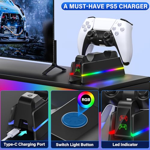 PS5-Controller-Charger-Station - Charging Station for PlayStation 5 Dualsense/Edge Controller with 9 Color Led Light, Fast Charging Dock & Holder Stand for PS5/Slim/Pro Remote - Whole Black - color: Whole Black P48
