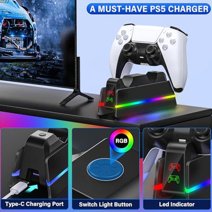 PS5-Controller-Charger-Station - Charging Station for PlayStation 5 Dualsense/Edge Controller with 9 Color Led Light, Fast Charging Dock & Holder Stand for PS5/Slim/Pro Remote - Whole Black - color: Whole Black P48