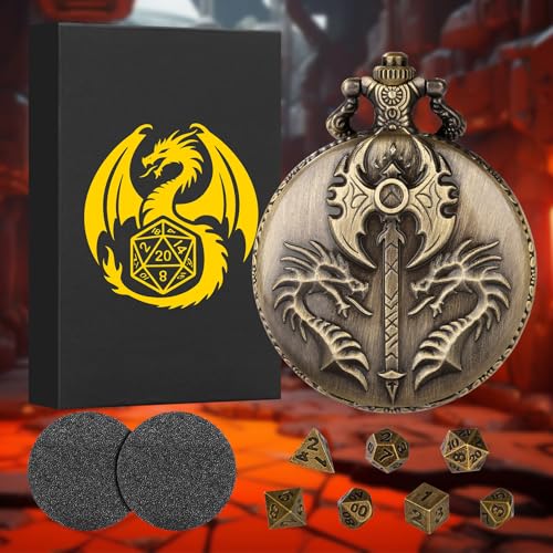 Mini DND Dice Set with Double Headed Dragon(Top Double-Sided Axe) Pocket Watch Case, 7-PCS Polyhedral Metal D&D Dice, DND Gifts with Gift Box, Role Playing Game Board Game Accessories Dice, Bronze - color: Bronze