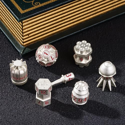 UDIXI RPG Metal Dice Set D&D, 7-Pieces Polyhedral Metal DND Dice Set Silver | Bomb Shape, Red Numbers, Solid Metal, Cool Design, Leather Pouch Pakaging, for Dungeons and Dragons Role Playing Games - color: Silver Red