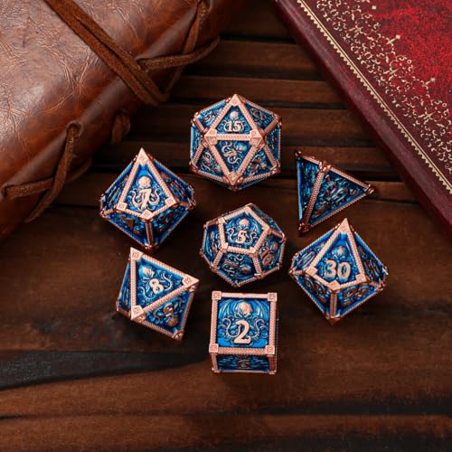 Metal Dice Set, Octopus Pattern, 7pcs Polyhedral Metal DND Dice Set, DND Starter Set, D&D Gifts with Gift Box, Role Playing Board Games Accessories, Red Copper Border Blue | DND Polyhedral Dice Set, D&D Gifts, Board Game Accessories, D4, D6, D8, 2 D10 (00