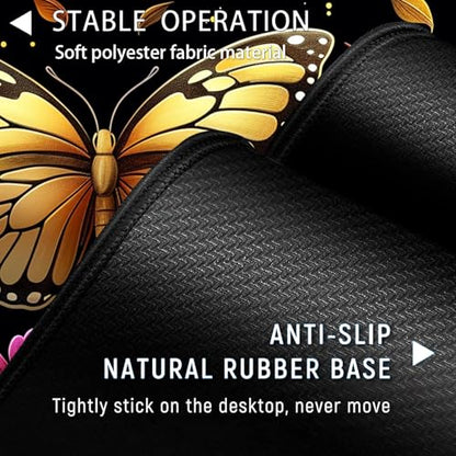 Large Gaming Mouse Pad+ Keyboard Wrist Rest Set, Ergonomics Memory Foam Mouse Mat Wrist Rest Support, Waterproof Extended Mousepad 31.5x11.8in, Colorful Butterflies and Flowers Desk Pad - color: Yvb-mousepad-9-f-170