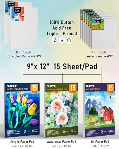 Nicpro 158PCS Deluxe Art Painting Kit with Metal and Solid Beech Wood Easel, Acrylic, Oil & Watercolor Paint Set, Paint Brushes, Canvas, Palette, Paper Pad, Professional Art Set for Adults Artist