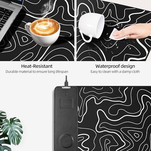 Magnetic Wireless Charging Mouse Pad, 31.5"x15.8" XXL Desk Mat | Gaming Mousepad, Ultra-Smooth Surface, Non-Slip Rubber Base, Waterproof Computer Keyboard Pad, Black and Topographic Line - color: Black and Topographic Line - 31.5"x15.7"