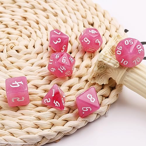 7PCS Polyhedral DND Dice, D&D Dice Set Filled with Pink and White Swirls for Role Playing Dice Games as DND RPG MTG Table Games - color: Pink and White