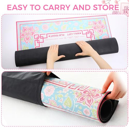 Pink Floral Mahjong Mat with Rules 31.5" x 31.5" Non-Slip Noise Reduction Gaming Mat with Carrying Bag American Mahjong Table Cover for Poker Board Card Games Dominoes - style: Pink and Green