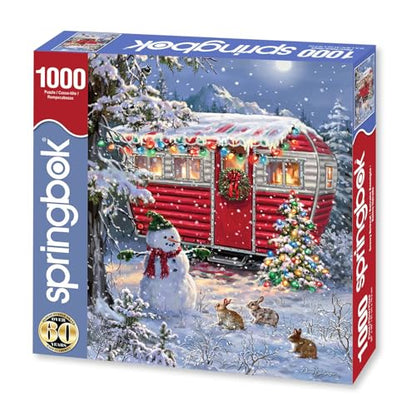 Springbok's Snowy Retreat 1000 Piece Jigsaw Puzzle is a Fun Holiday Image Featuring a Camper Glowing in Holiday Decor - style: Snowy Retreat