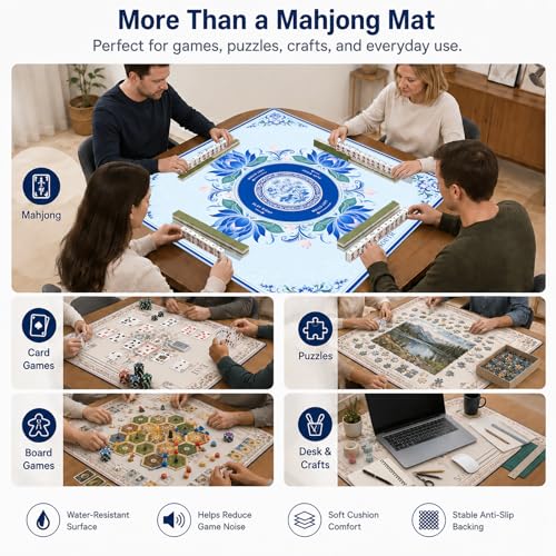 Blue Floral Mahjong Mat,Non Slip American Mah Jongg Table Mat | 32in soft neoprene mah jongg mat reduces tile noise protects tabletops & packs easily for game nights or a thoughtful gift - color: 015