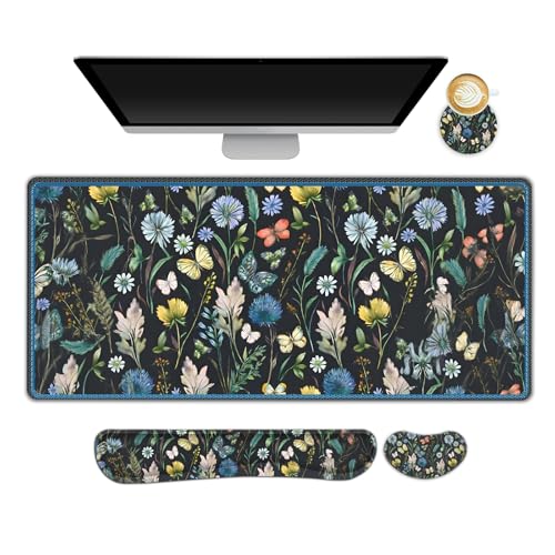 ARTSO Keyboard Mouse Pad Set, Extended Mouse Pad with Keyboard Wrist Rest Support, Memory Foam Ergonomic Desk Pad Set for Home Office, Flower Leaf Butterfly - color: Flower Leaf Butterfly