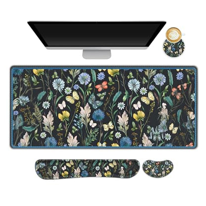 ARTSO Keyboard Mouse Pad Set, Extended Mouse Pad with Keyboard Wrist Rest Support, Memory Foam Ergonomic Desk Pad Set for Home Office, Flower Leaf Butterfly - color: Flower Leaf Butterfly