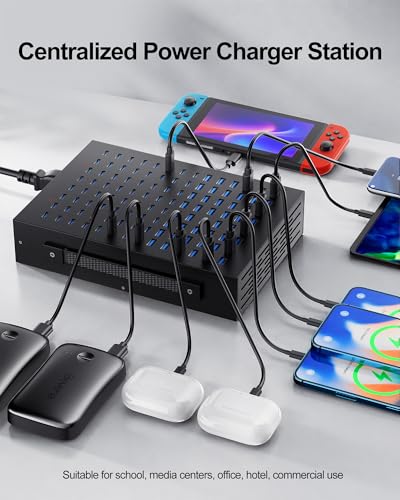 112-Port 800W USB Charging Station, USB C Charger for Multiple Devices, Multi Port Desktop Charging Hub with Smart IC Protection, Ideal for Co-Working Spaces, Libraries, Restaurants & Schools